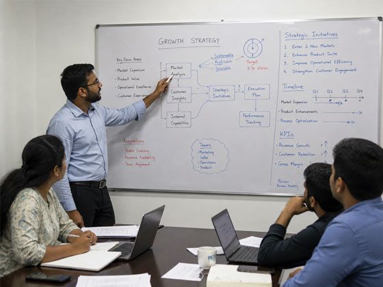 Strategy session at a whiteboard