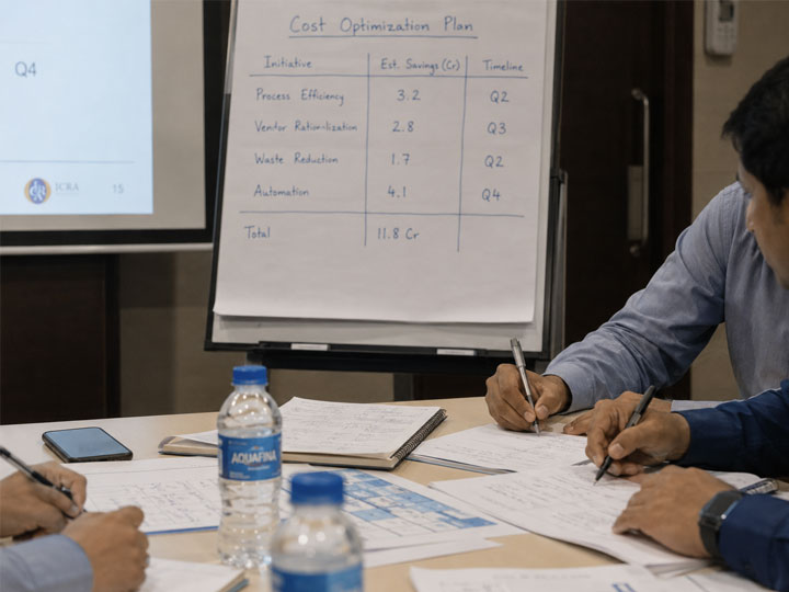 Participants working through a problem on a flip chart